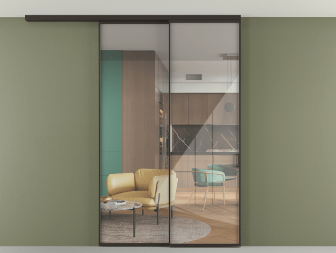 Перегородка Формато вдоль стены на потолок 2 створки с синхронным механизмом АЛПР 040.01 Алюминий антрацит Рефлективное прозрачное стекло "Стопсол", калёное. Цена 409530 сом 1. Полотно 2 шт. (800/2100 мм)
2. Комплект установки раздвижной системы
3. Базовый комплект фурнитуры
4.Ручка Рондо. Фабрика дверей Волховец 8 (800) 551 43 19 Перегородка Формато вдоль стены на потолок 2 створки с синхронным механизмом АЛПР 040.01 Алюминий антрацит Рефлективное прозрачное стекло "Стопсол", калёное Цена 409530 сом | Volhovec