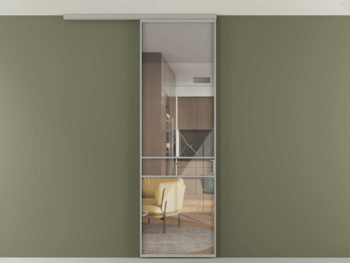 Перегородка Формато вдоль стены на потолок 1 створка АЛПР 040.02 Алюминий нейтральный серый Рефлективное прозрачное стекло "Стопсол", калёное Цена 156360 сом | Volhovec