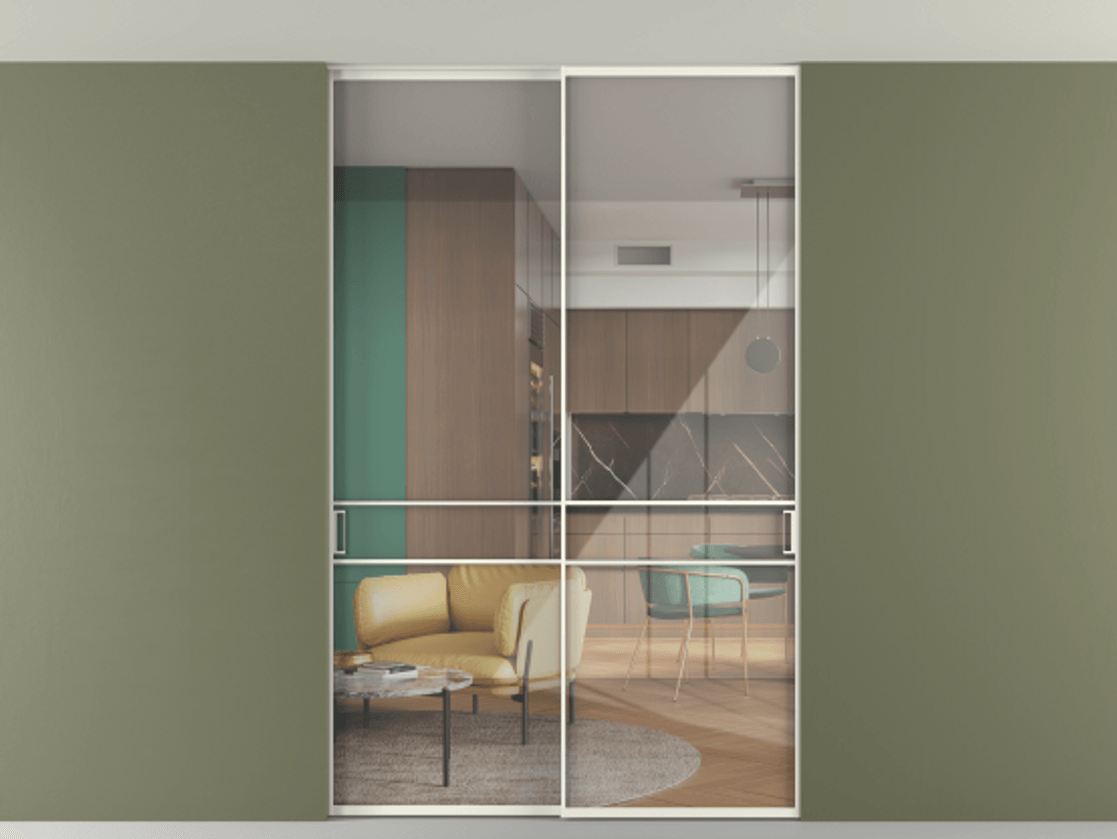 Перегородка Formato внутри проёма скрытое крепление в потолок 2 створки АЛПР 040.02 Алюминий жемчужный Рефлективное прозрачное стекло "Stopsol", калёное Цена 444840 сом | Volhovec