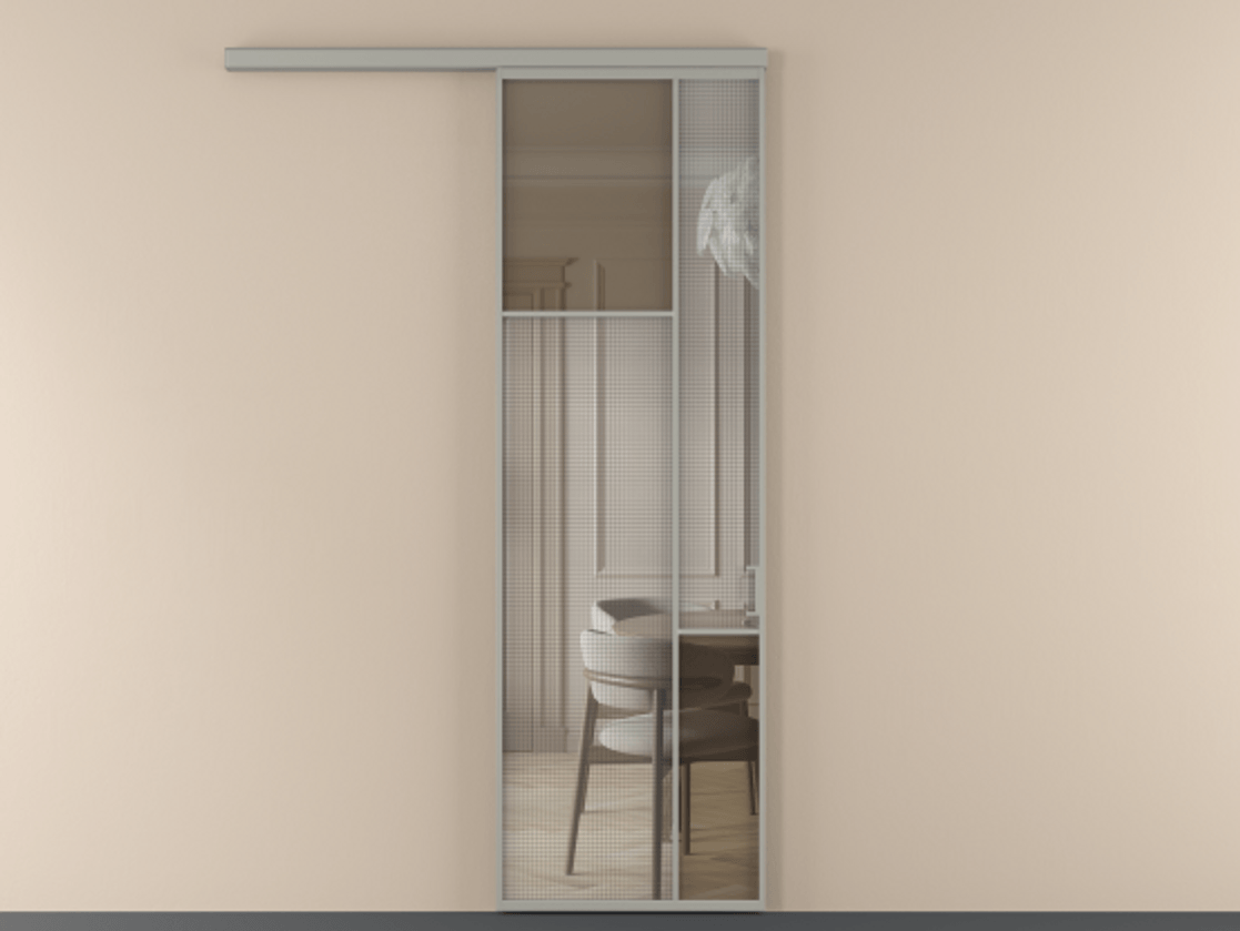 Перегородка Mosaic вдоль стены 1 створка АЛПР 041.10 Алюминий нейтральный серый Декоративное стекло с сеткой "Mesh silver", триплекс, 6 мм + Прозрачное бронзовое стекло, триплекс Цена 208250 сом | Volhovec