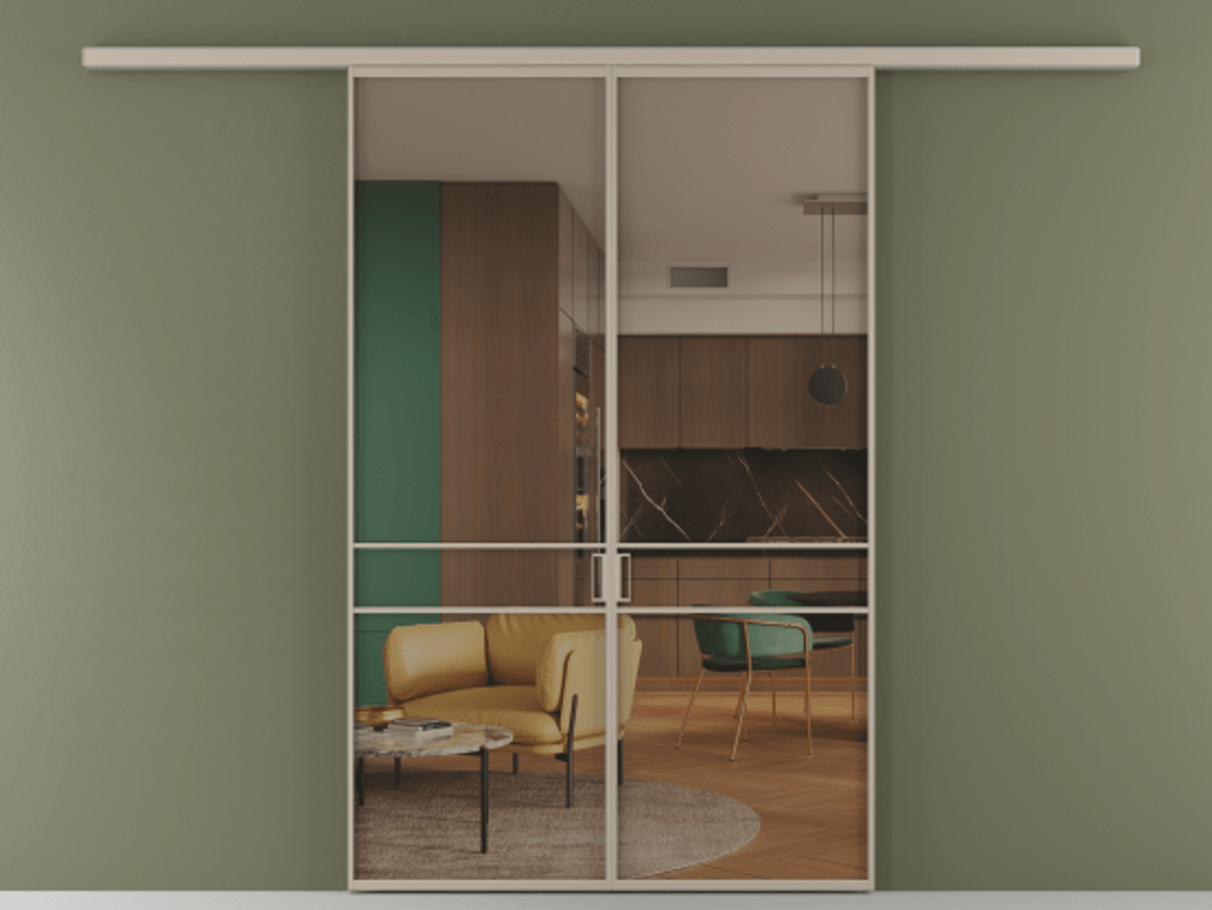 Перегородка Формато вдоль стены 2 створки АЛПР 040.02 Алюминий бисквитный Прозрачное бронзовое стекло, триплекс Цена 284580 сом | Volhovec