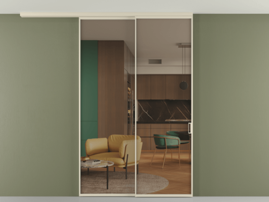 Перегородка Формато вдоль стены на потолок 2 створки с синхронным механизмом АЛПР 040.01 Алюминий бежево-серый Прозрачное бронзовое стекло, триплекс Цена 435550 сом | Volhovec