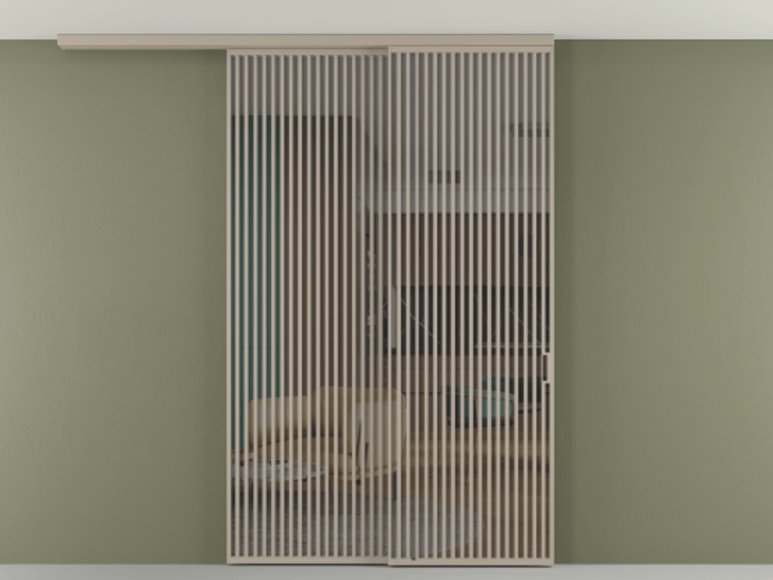 Перегородка Формато вдоль стены на потолок 2 створки с синхронным механизмом АЛПР 040.06 Алюминий бисквитный Прозрачное серое стекло, триплекс Цена 655860 сом | Volhovec