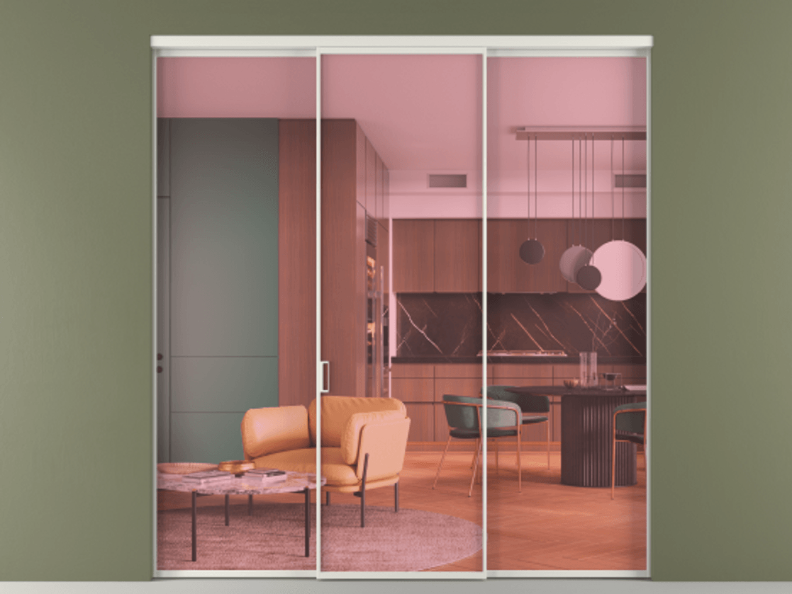 Перегородка Formato внутри проёма 3 створки АЛПР 040.01 Алюминий серый Прозрачное розовое стекло, триплекс Цена 225125 ₽ | Volhovec