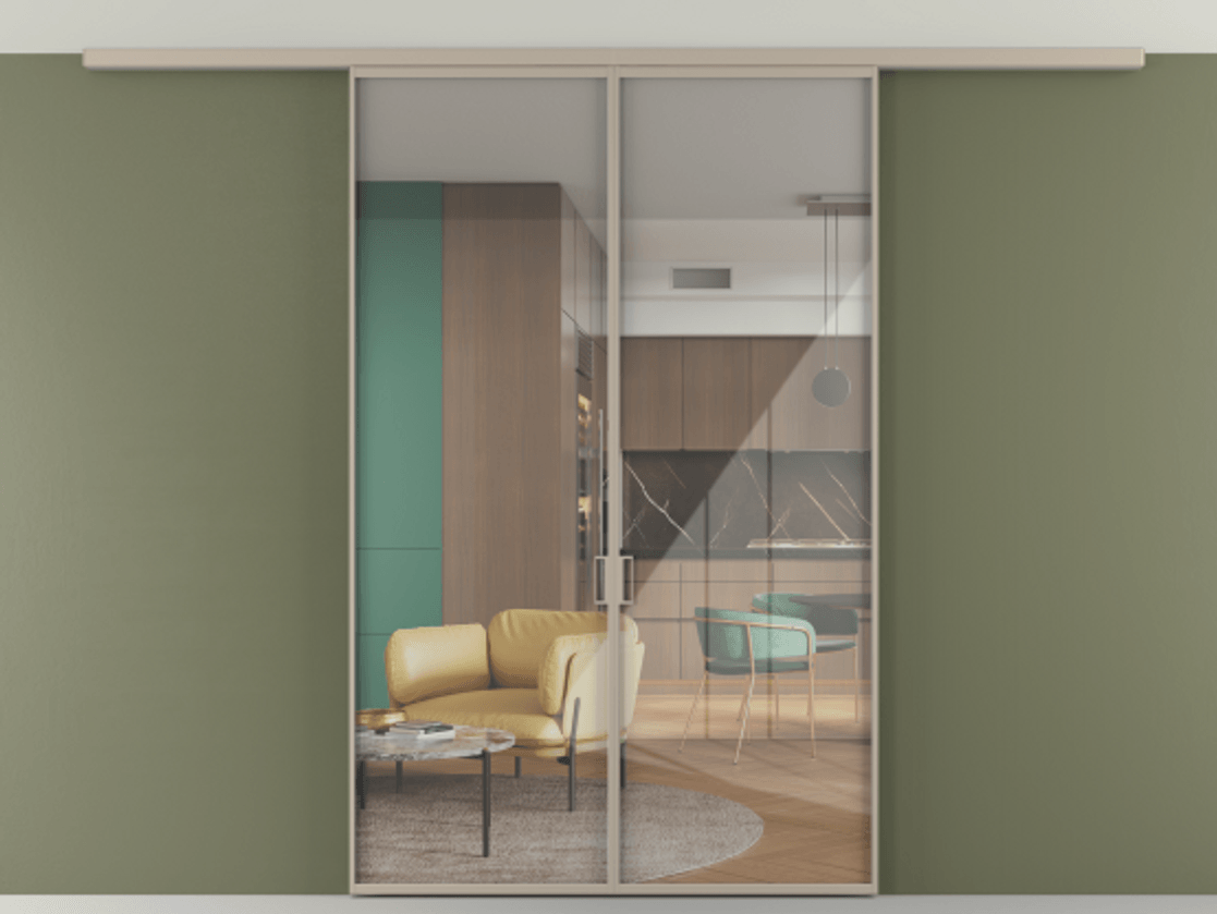 Перегородка Формато вдоль стены на потолок 2 створки АЛПР 040.01 Алюминий бисквитный Рефлективное прозрачное стекло "Стопсол", калёное Цена 288540 сом | Volhovec