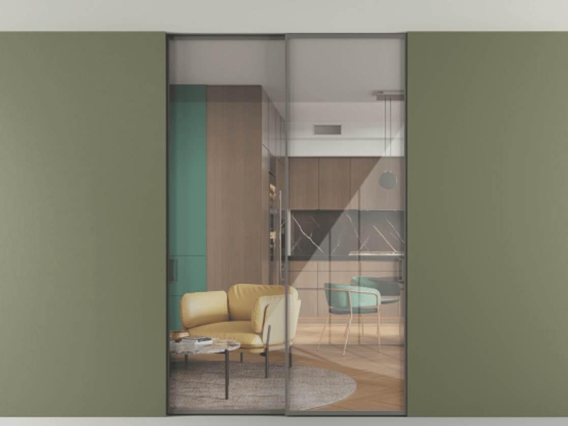 Перегородка Формато внутри проёма скрытое крепление в потолок 2 створки АЛПР 040.01 Алюминий классический серый Рефлективное прозрачное стекло "Стопсол", калёное Цена 427540 сом | Volhovec