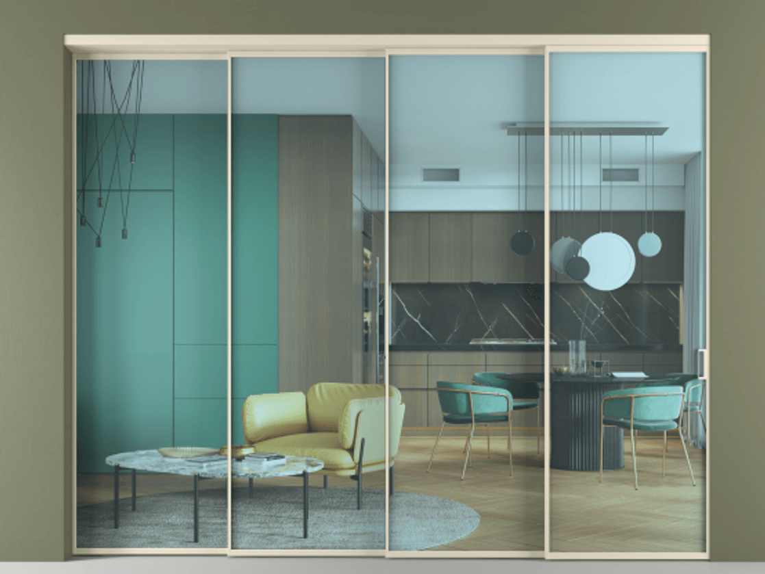 Перегородка Formato внутри проёма 4 створки с синхронным механизмом АЛПР 040.01 Алюминий бежево-серый Прозрачное голубое стекло, триплекс Цена 650020 сом | Volhovec