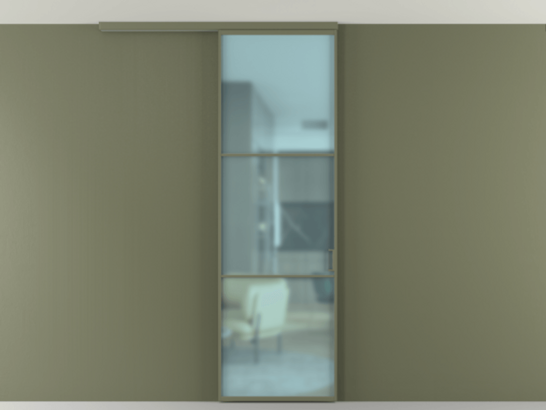 Перегородка Формато вдоль стены на потолок 1 створка АЛПР 040.03 Алюминий оливковый тёмный Сатинированное голубое стекло, триплекс Цена 141020 сом | Volhovec