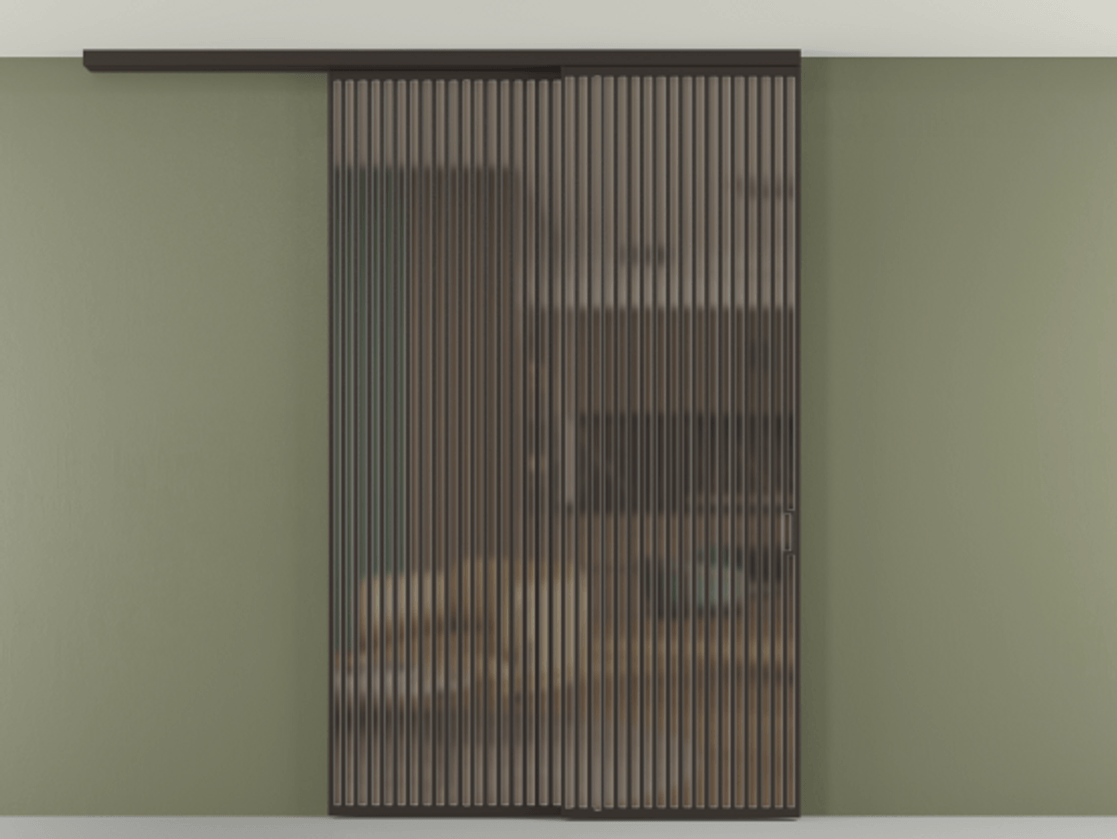 Перегородка Формато вдоль стены на потолок 2 створки с синхронным механизмом АЛПР 040.06 Алюминий антрацит Сатинированное бронзовое стекло, триплекс Цена 3037880 AMD | Volhovec