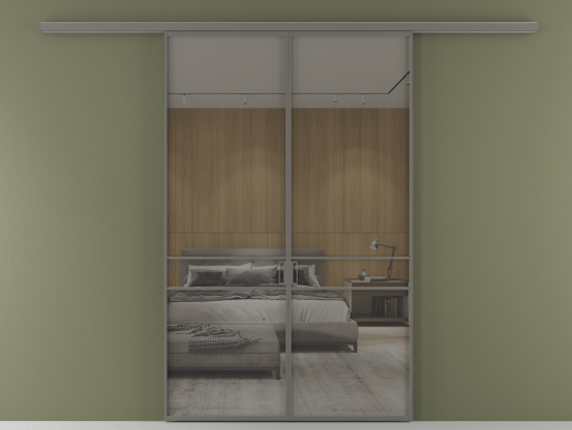 Перегородка Формато вдоль стены 2 створки АЛПР 040.02 Алюминий классический серый Рефлективное серое стекло "Стопсол", калёное Цена 362540 сом | Volhovec