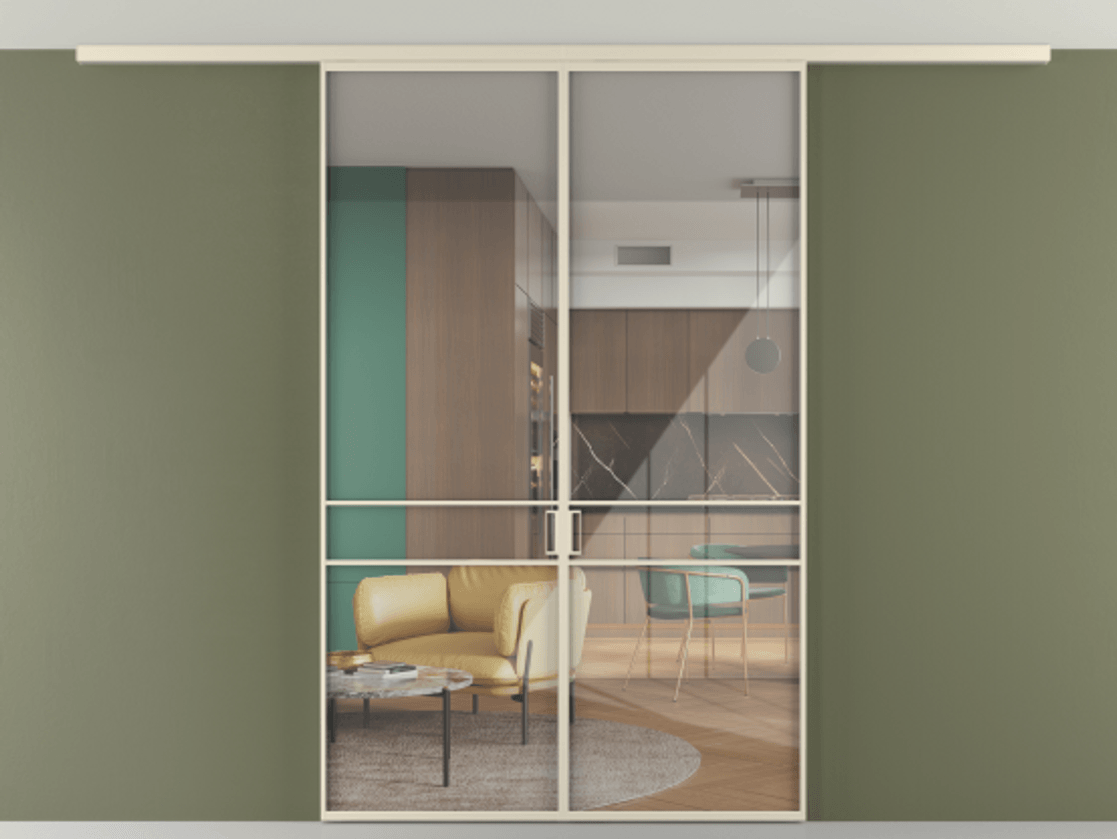 Перегородка Формато вдоль стены на потолок 2 створки АЛПР 040.02 Алюминий бежево-серый Рефлективное прозрачное стекло "Стопсол", калёное Цена 355150 сом | Volhovec