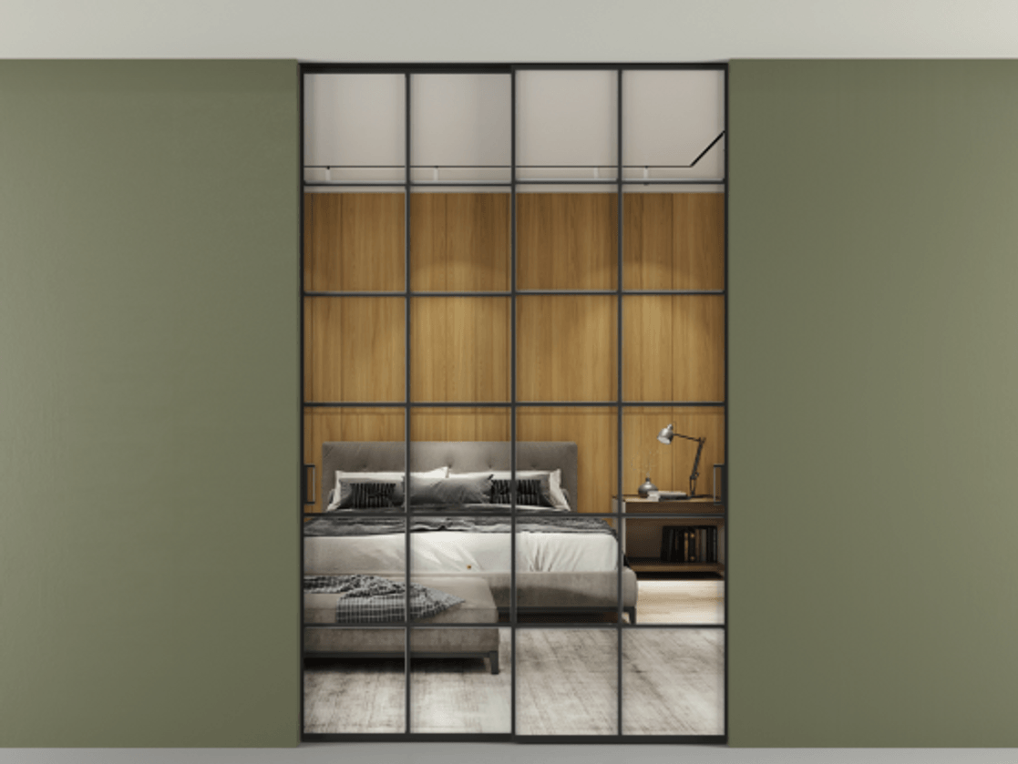 Перегородка Формато внутри проёма скрытое крепление в потолок 2 створки АЛПР 040.05 Алюминий Черный Двустороннее зеркало, триплекс , триплекс 6 мм Цена 370530 сом | Volhovec