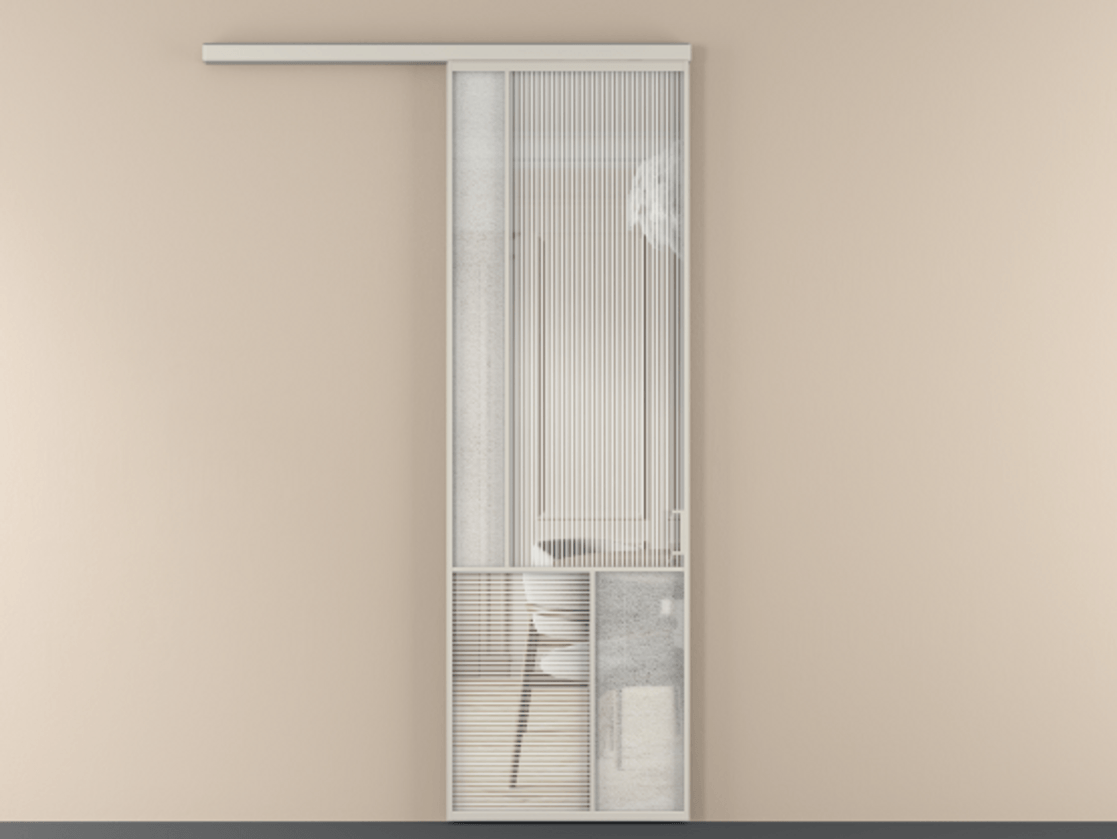 Перегородка Mosaic вдоль стены 1 створка АЛПР 041.20 Алюминий облачно-серый Рифлёное стекло "Дюна", триплекс, 6 мм + Фактурное стекло "Лёд", триплекс Цена 211160 сом | Volhovec