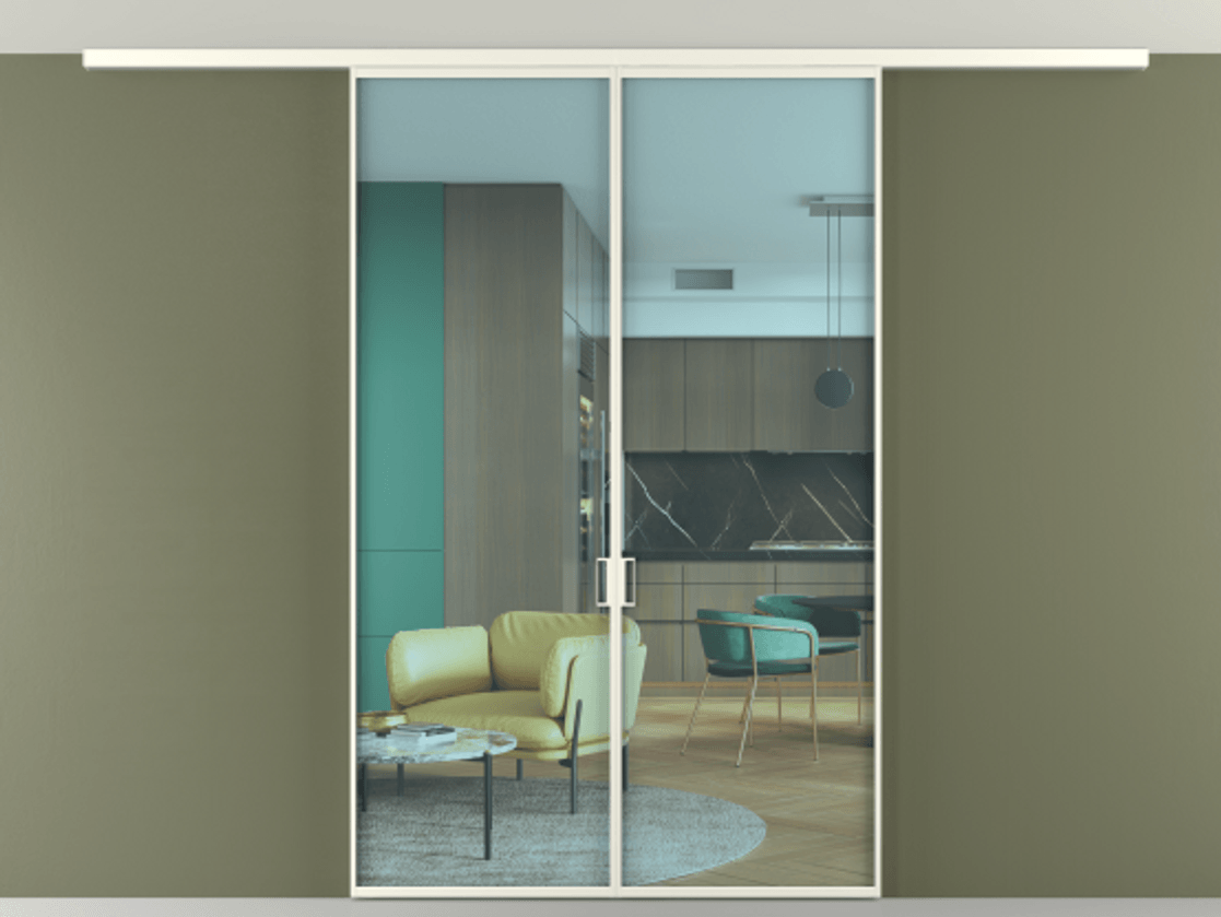 Перегородка Формато вдоль стены на потолок 2 створки АЛПР 040.01 Алюминий жемчужный Прозрачное голубое стекло, триплекс Цена 258740 сом | Volhovec