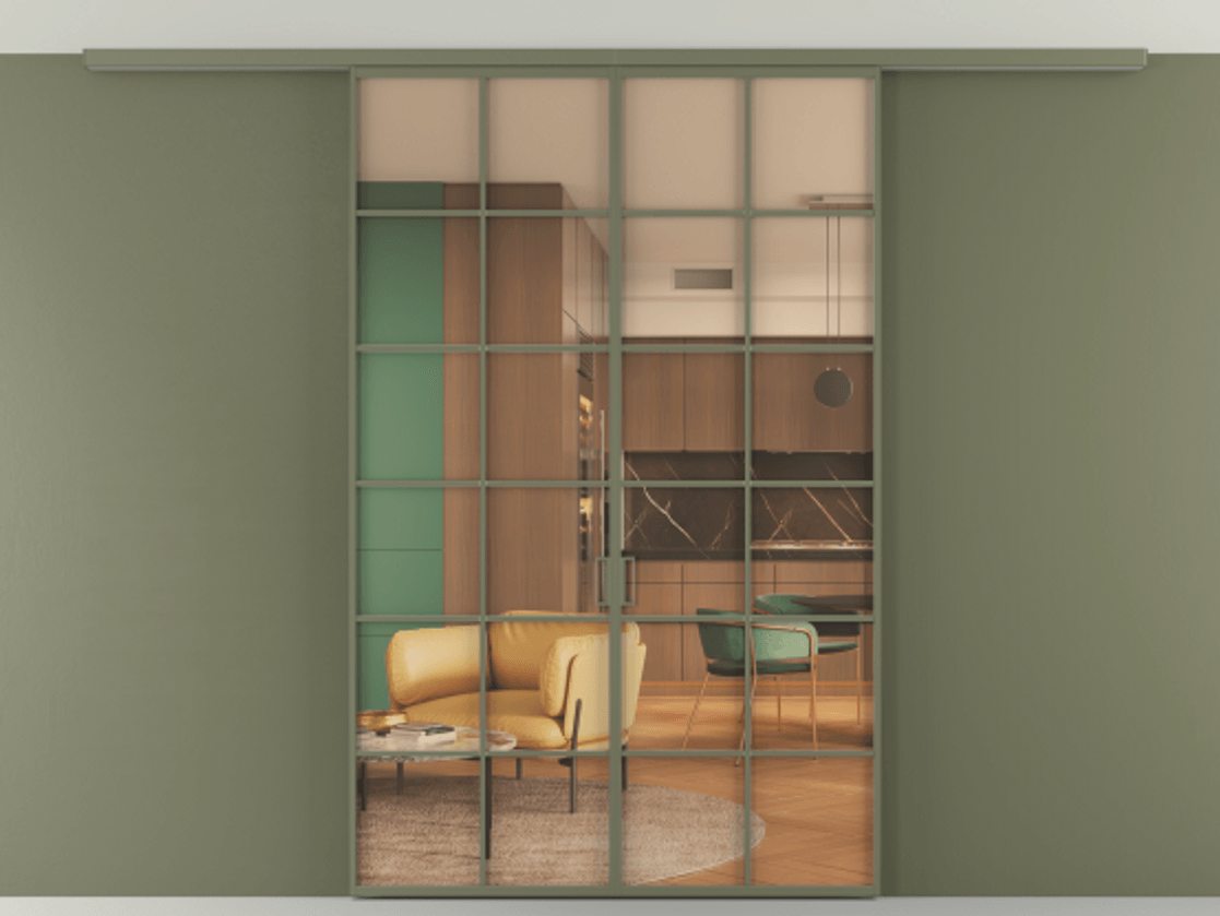 Перегородка Formato вдоль стены на потолок 2 створки АЛПР 040.05 Алюминий оливковый тёмный Прозрачное оранжевое стекло, триплекс Цена 303730 сом | Volhovec