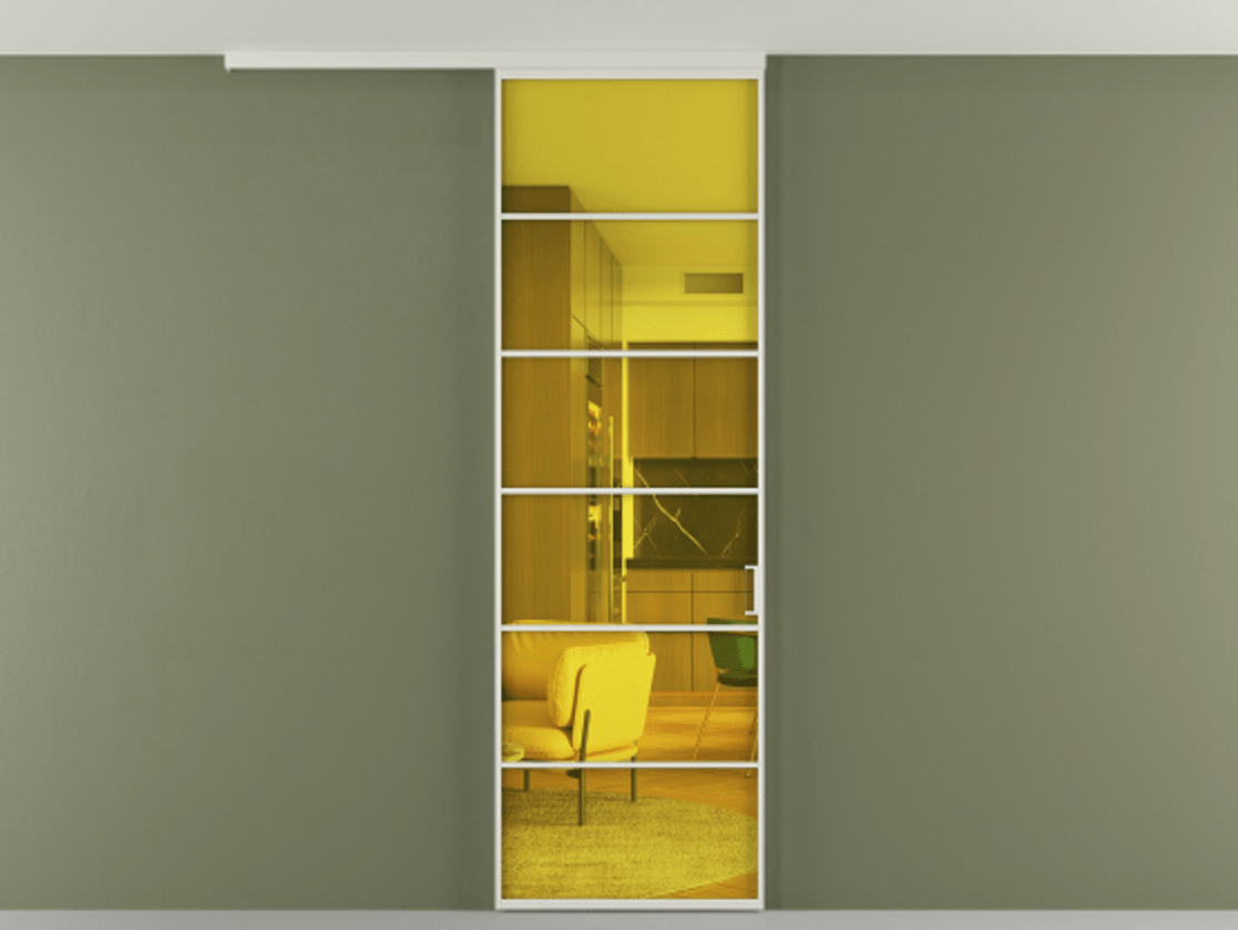 Перегородка Формато вдоль стены на потолок 1 створка АЛПР 040.04 Алюминий Белый Прозрачное жёлтое стекло, триплекс Цена 144570 сом | Volhovec