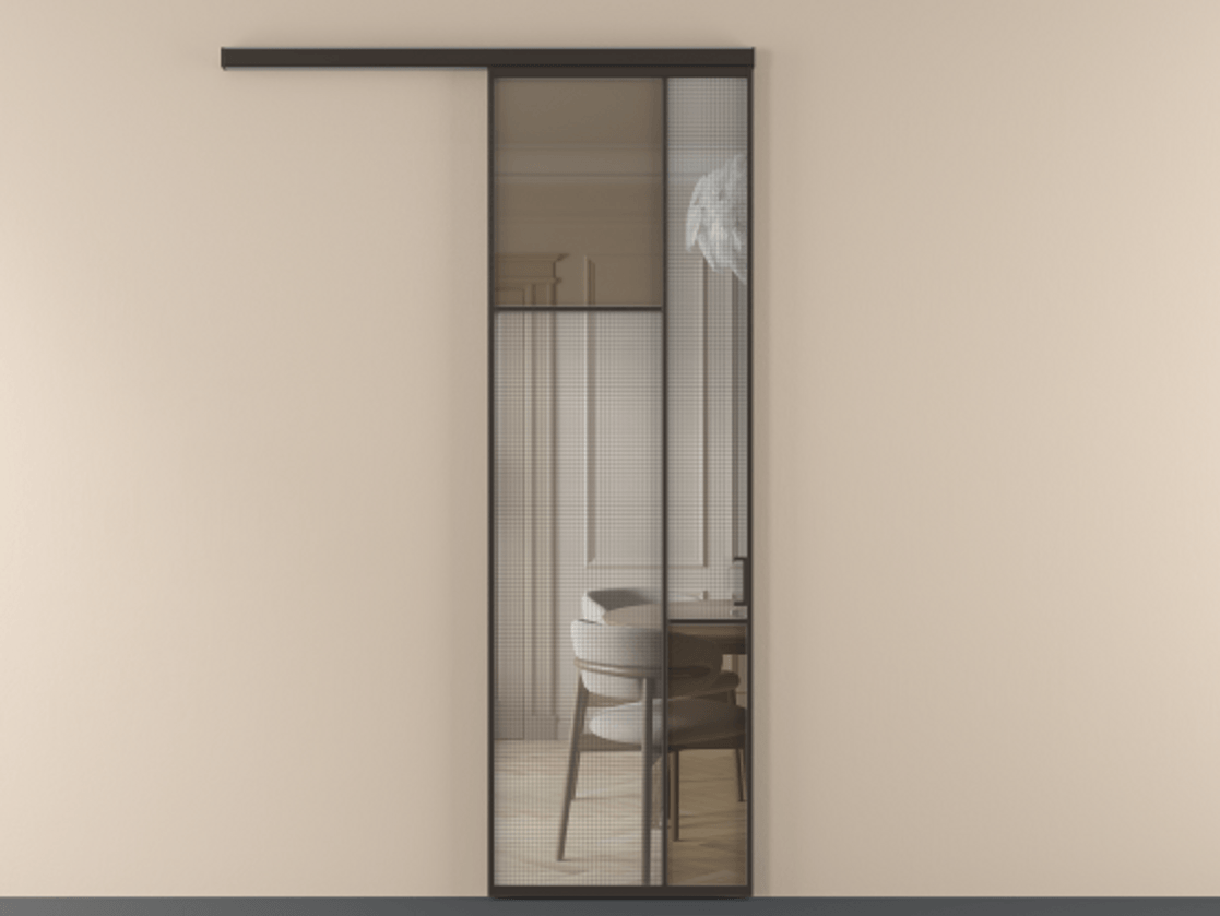 Перегородка Mosaic вдоль стены 1 створка АЛПР 041.10 Алюминий антрацит Декоративное стекло с сеткой "Mesh silver", триплекс, 6 мм + Прозрачное бронзовое стекло, триплекс Цена 208250 сом | Volhovec