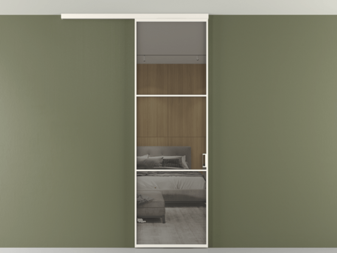 Перегородка Формато вдоль стены на потолок 1 створка АЛПР 040.03 Алюминий пудровый белый Рефлективное серое стекло "Стопсол", калёное Цена 182740 сом | Volhovec