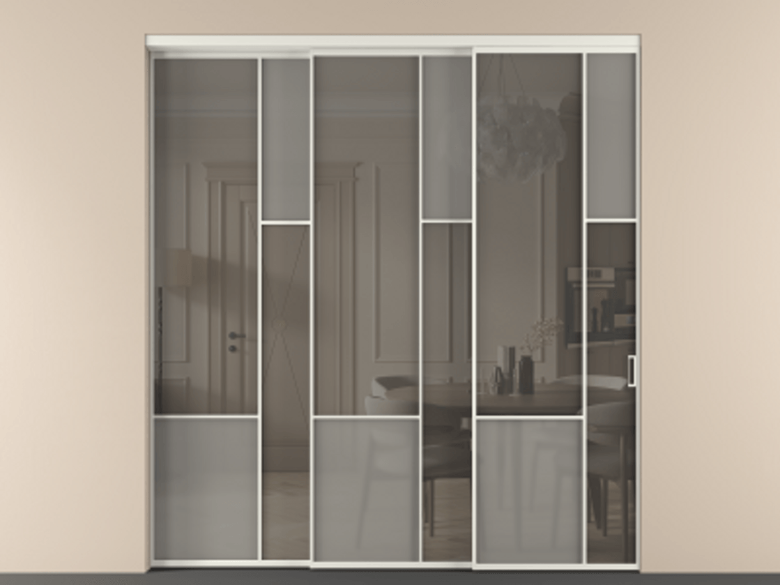 Перегородка Mosaic внутри проёма 3 створки с синхронным механизмом АЛПР 041.12 Алюминий серый Сатинированное серое стекло, триплекс, 6 мм + Прозрачное серое стекло, триплекс Цена 636840 сом | Volhovec