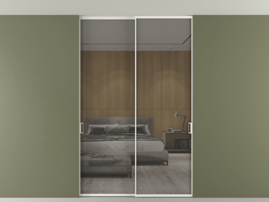 Перегородка Формато внутри проёма скрытое крепление в потолок 2 створки АЛПР 040.01 Алюминий светло-серый Рефлективное серое стекло "Стопсол", калёное Цена 427540 сом | Volhovec