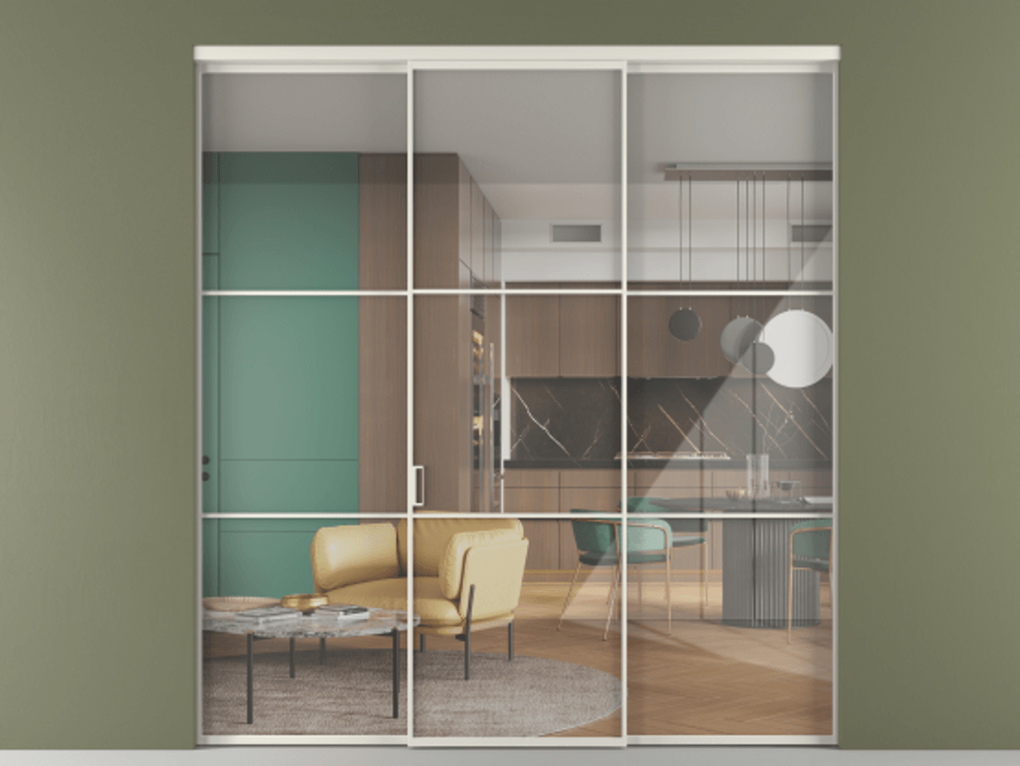 Перегородка Формато внутри проёма 3 створки АЛПР 040.03 Алюминий Белый Рефлективное прозрачное стекло "Стопсол", калёное Цена 444950 сом | Volhovec