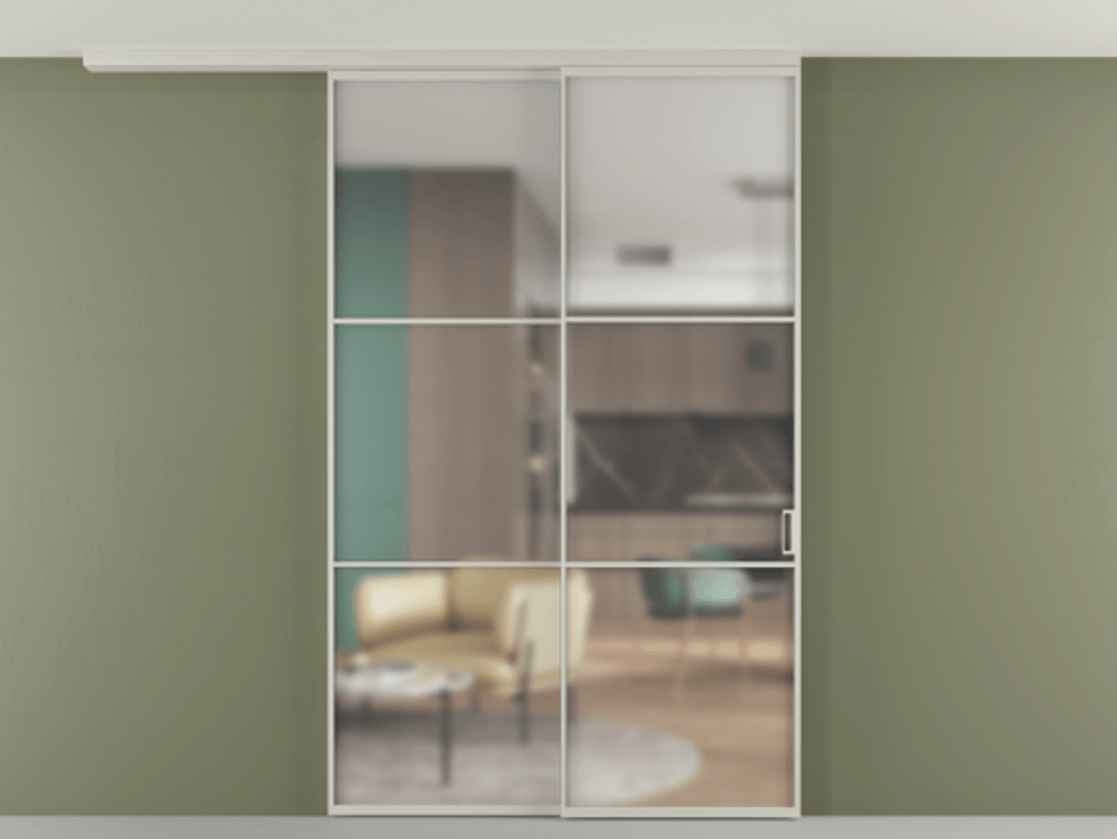 Перегородка Формато вдоль стены на потолок 2 створки с синхронным механизмом АЛПР 040.03 Алюминий тёплый серый Сатинированное стекло "Мателюкс Кристал Вижн", калёное, матовое, каленое 6 мм Цена 476140 сом | Volhovec