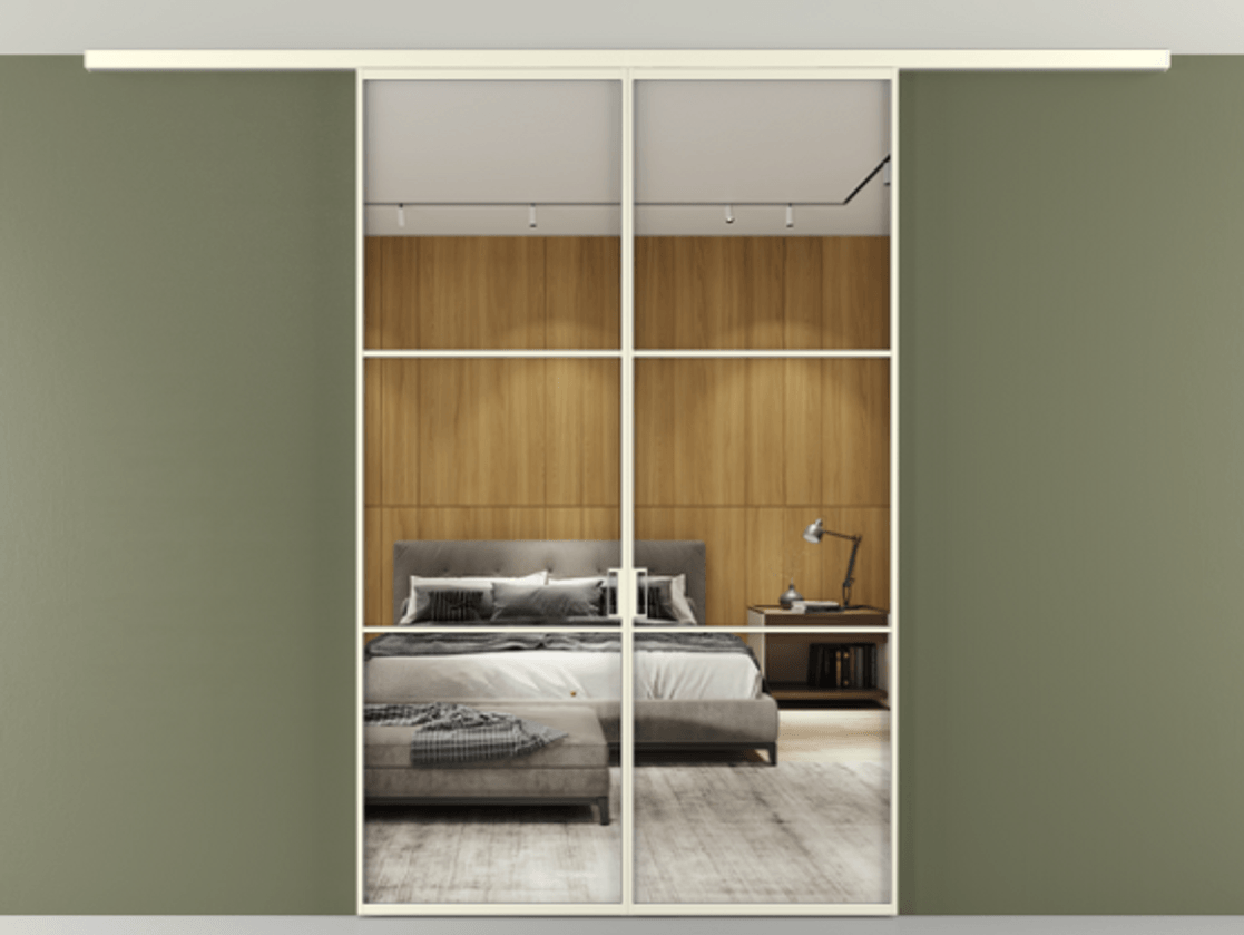 Перегородка Формато вдоль стены на потолок 2 створки АЛПР 040.03 Алюминий молочно-белый Двустороннее зеркало, триплекс , триплекс 6 мм Цена 331850 сом | Volhovec