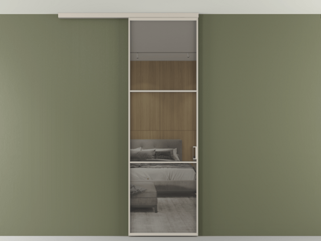 Перегородка Формато вдоль стены на потолок 1 створка АЛПР 040.03 Алюминий светло-бежевый Рефлективное серое стекло "Стопсол", калёное Цена 156360 сом | Volhovec