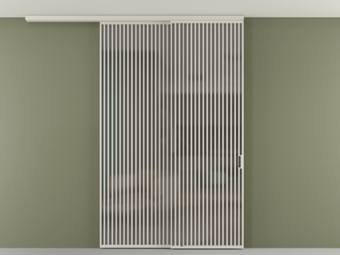 Перегородка Формато вдоль стены на потолок 2 створки с синхронным механизмом АЛПР 040.06 Алюминий облачно-серый Сатинированное серое стекло, триплекс Цена 655860 сом | Volhovec