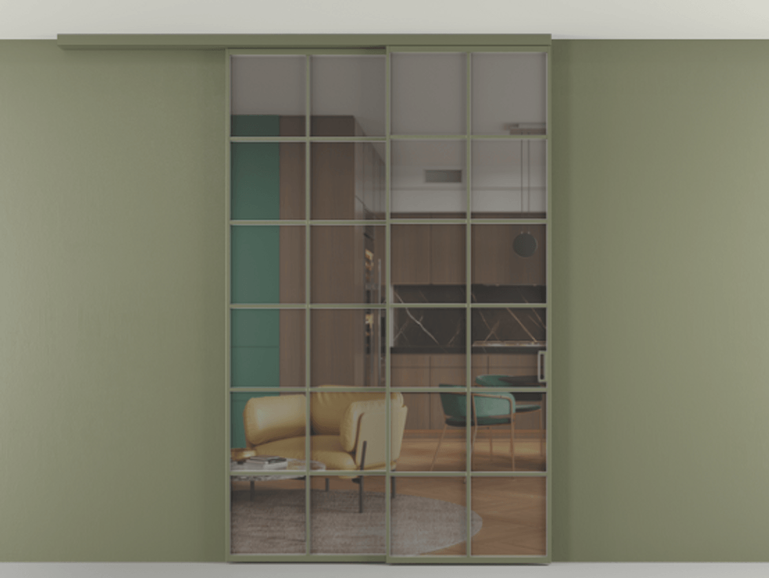 Перегородка Формато вдоль стены на потолок 2 створки с синхронным механизмом АЛПР 040.05 Алюминий оливковый тёмный Прозрачное серое стекло, триплекс Цена 424720 сом | Volhovec