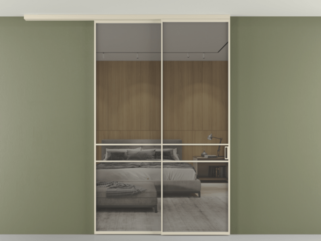 Перегородка Формато вдоль стены на потолок 2 створки с синхронным механизмом АЛПР 040.02 Алюминий бежево-серый Рефлективное серое стекло "Стопсол", калёное Цена 476140 сом | Volhovec