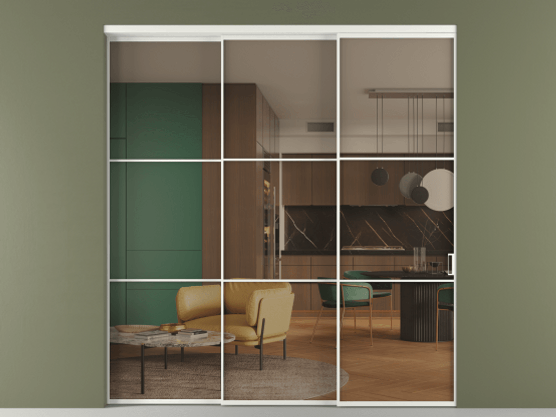 Перегородка Формато внутри проёма 3 створки с синхронным механизмом АЛПР 040.03 Алюминий светло-серый Прозрачное бронзовое стекло, триплекс Цена 422370 сом  | Volhovec