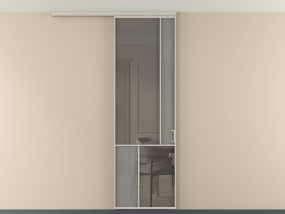 Перегородка Мозаик вдоль стены на потолок 1 створка АЛПР 041.21 Алюминий светло-бежевый Сатинированное серое стекло, триплекс, 6 мм + Прозрачное серое стекло, триплекс Цена 196620 сом | Volhovec