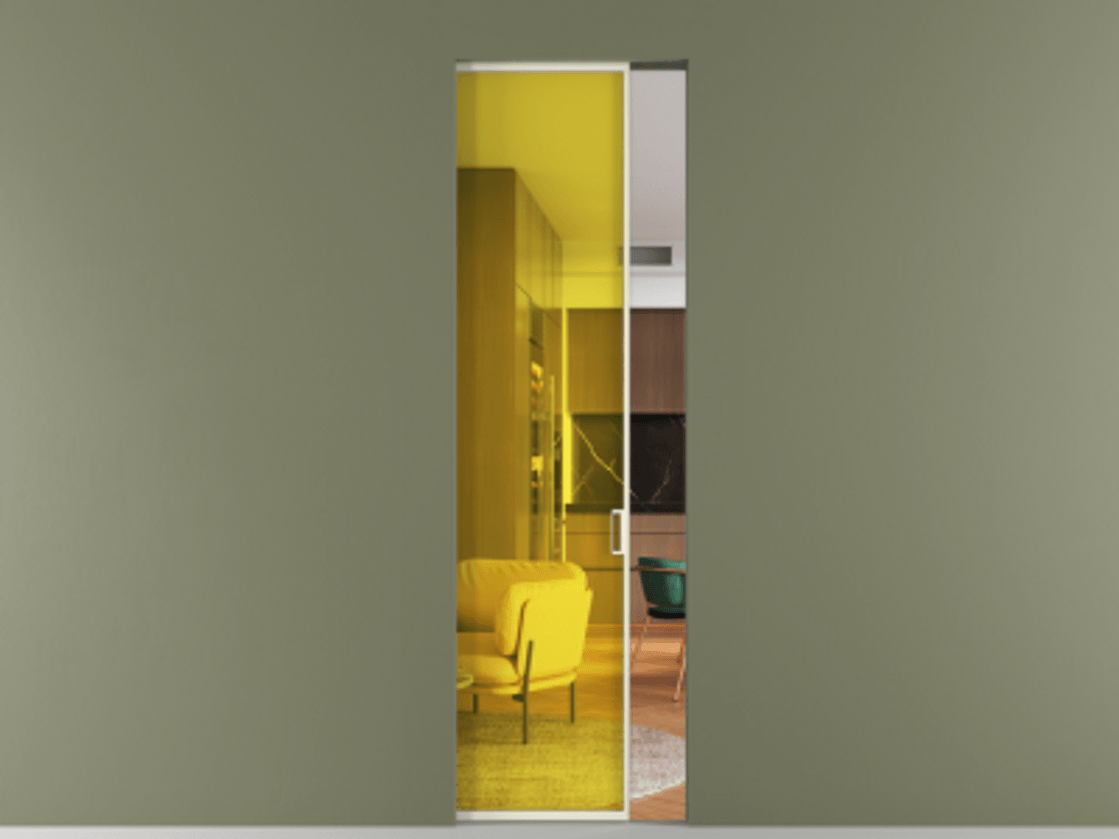 Перегородка Formato скрытый пенал 1 створка АЛПР 040.01 Алюминий молочно-белый Прозрачное жёлтое стекло, триплекс Цена 240240 сом | Volhovec