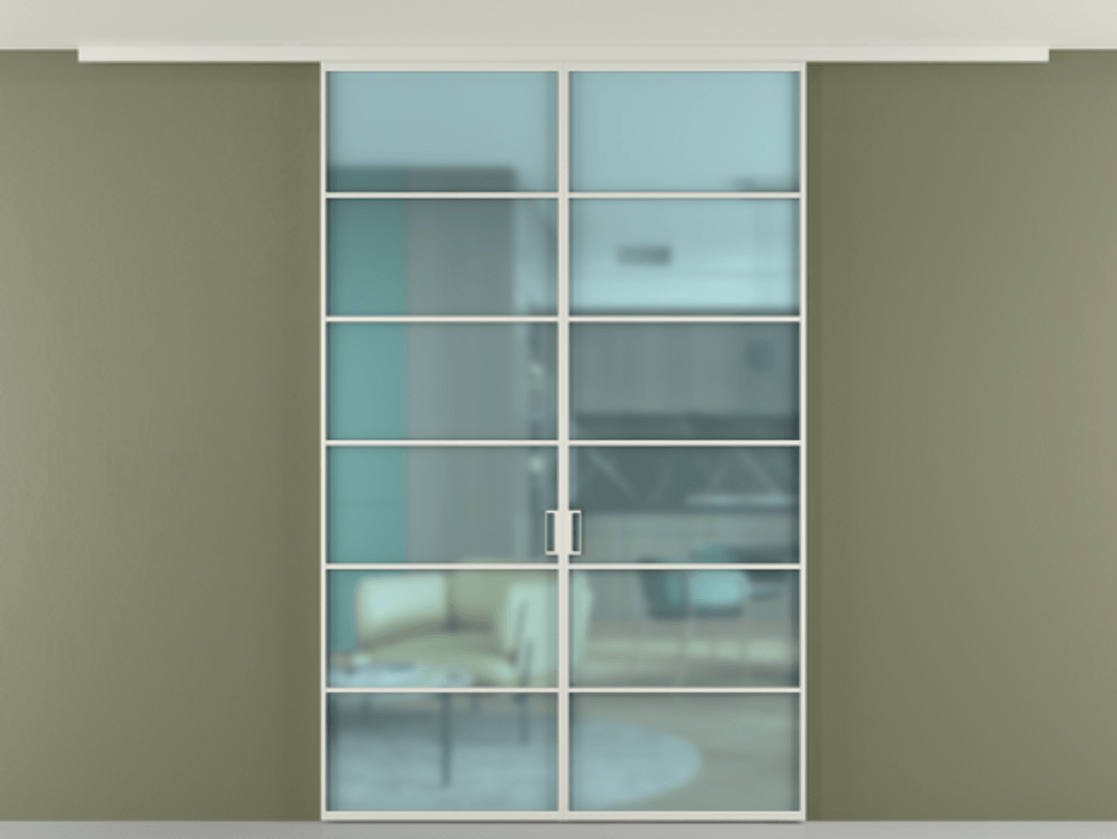 Перегородка Формато вдоль стены на потолок 2 створки АЛПР 040.04 Алюминий Белый Сатинированное голубое стекло, триплекс Цена 279240 сом | Volhovec