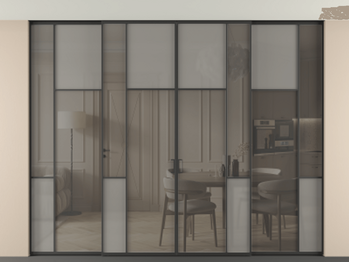 Перегородка Mosaic внутри проёма скрытое крепление в потолок 4 створки АЛПР 041.10 Алюминий Черный Сатинированное серое стекло, триплекс, 6 мм + Прозрачное серое стекло, триплекс Цена 835950 сом | Volhovec