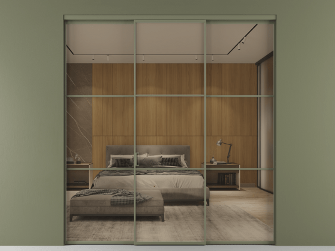 Перегородка Формато внутри проёма 3 створки АЛПР 040.03 Алюминий оливковый тёмный Рефлективное бронзовое стекло "Стопсол", калёное Цена 462430 сом | Volhovec