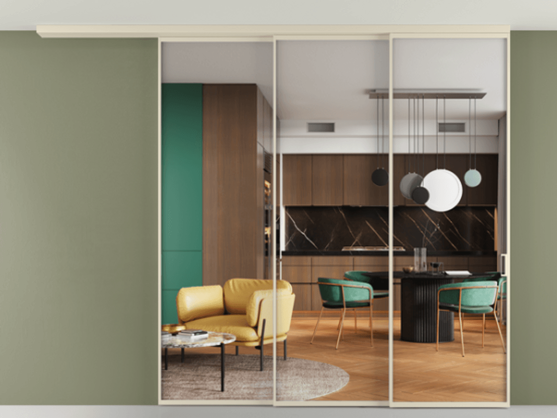 Перегородка Формато вдоль стены на потолок 3 створки с синхронным механизмом АЛПР 040.01 Алюминий бежево-серый Прозрачное стекло "Кристал Вижн", калёное Цена 584300 сом | Volhovec