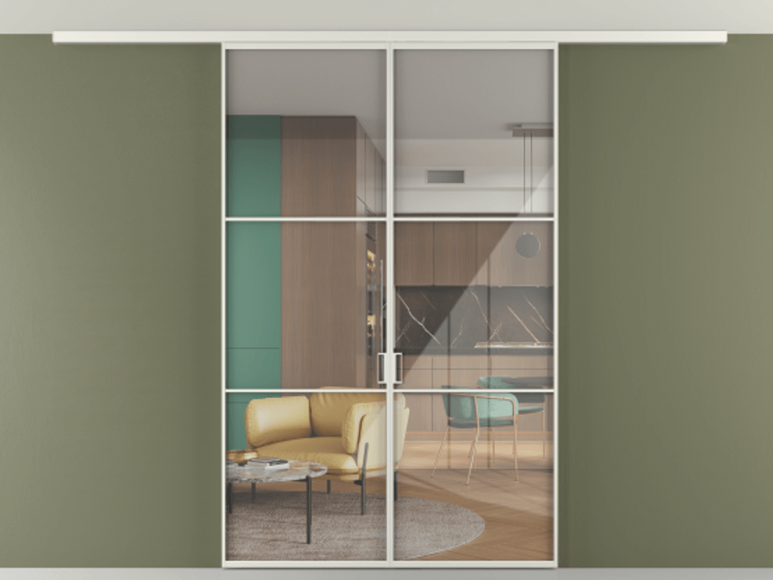 Перегородка Формато вдоль стены на потолок 2 створки АЛПР 040.03 Алюминий серый Рефлективное прозрачное стекло "Стопсол", калёное Цена 302380 сом | Volhovec