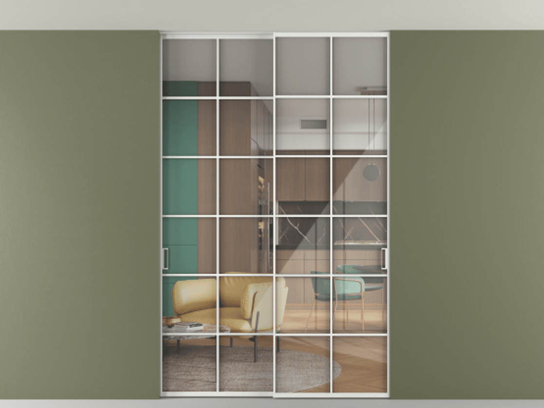 Перегородка Formato внутри проёма скрытое крепление в потолок 2 створки АЛПР 040.05 Алюминий белоснежный Рефлективное прозрачное стекло "Stopsol", калёное. Цена 469820 сом 1. Полотно 2 шт. (800/2100 мм)
2. Комплект установки раздвижной системы
3. Базовый комплект фурнитуры
4. Ручка RONDO. Фабрика дверей Волховец 8 (800) 551 43 19 Перегородка Formato внутри проёма скрытое крепление в потолок 2 створки АЛПР 040.05 Алюминий белоснежный Рефлективное прозрачное стекло "Stopsol", калёное Цена 469820 сом | Volhovec