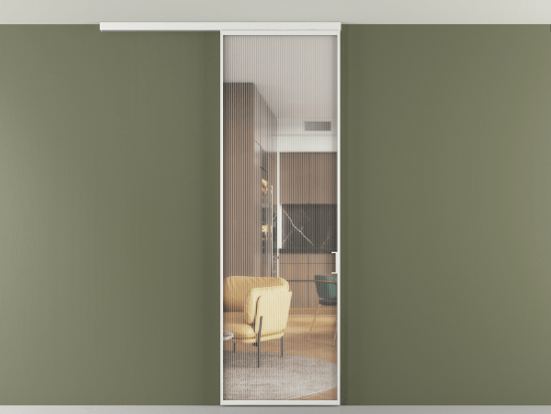 Перегородка Формато вдоль стены на потолок 1 створка АЛПР 040.01 Алюминий белоснежный Рифлёное стекло "Мору", триплекс Цена 143270 сом | Volhovec