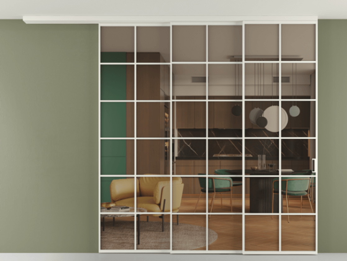 Перегородка Формато вдоль стены на потолок 3 створки с синхронным механизмом АЛПР 040.05 Алюминий Белый Прозрачное бронзовое стекло, триплекс Цена 558930 сом | Volhovec