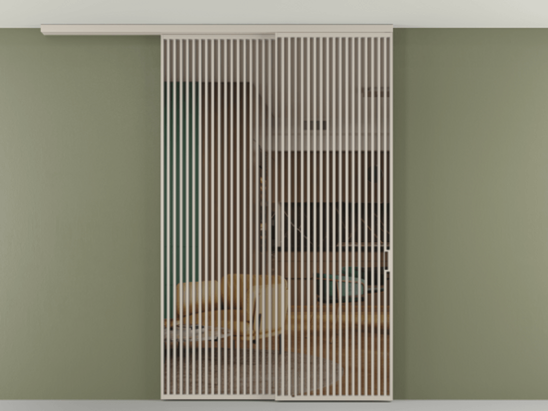 Перегородка Формато вдоль стены на потолок 2 створки с синхронным механизмом АЛПР 040.06 Алюминий светло-бежевый Прозрачное бронзовое стекло, триплекс Цена 655860 сом | Volhovec