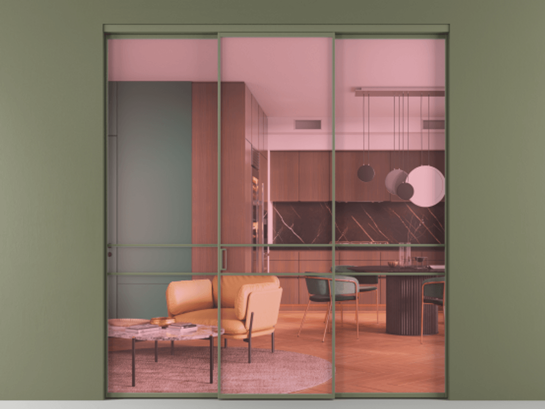 Перегородка Formato внутри проёма 3 створки АЛПР 040.02 Алюминий оливковый тёмный Прозрачное розовое стекло, триплекс Цена 345470 сом | Volhovec