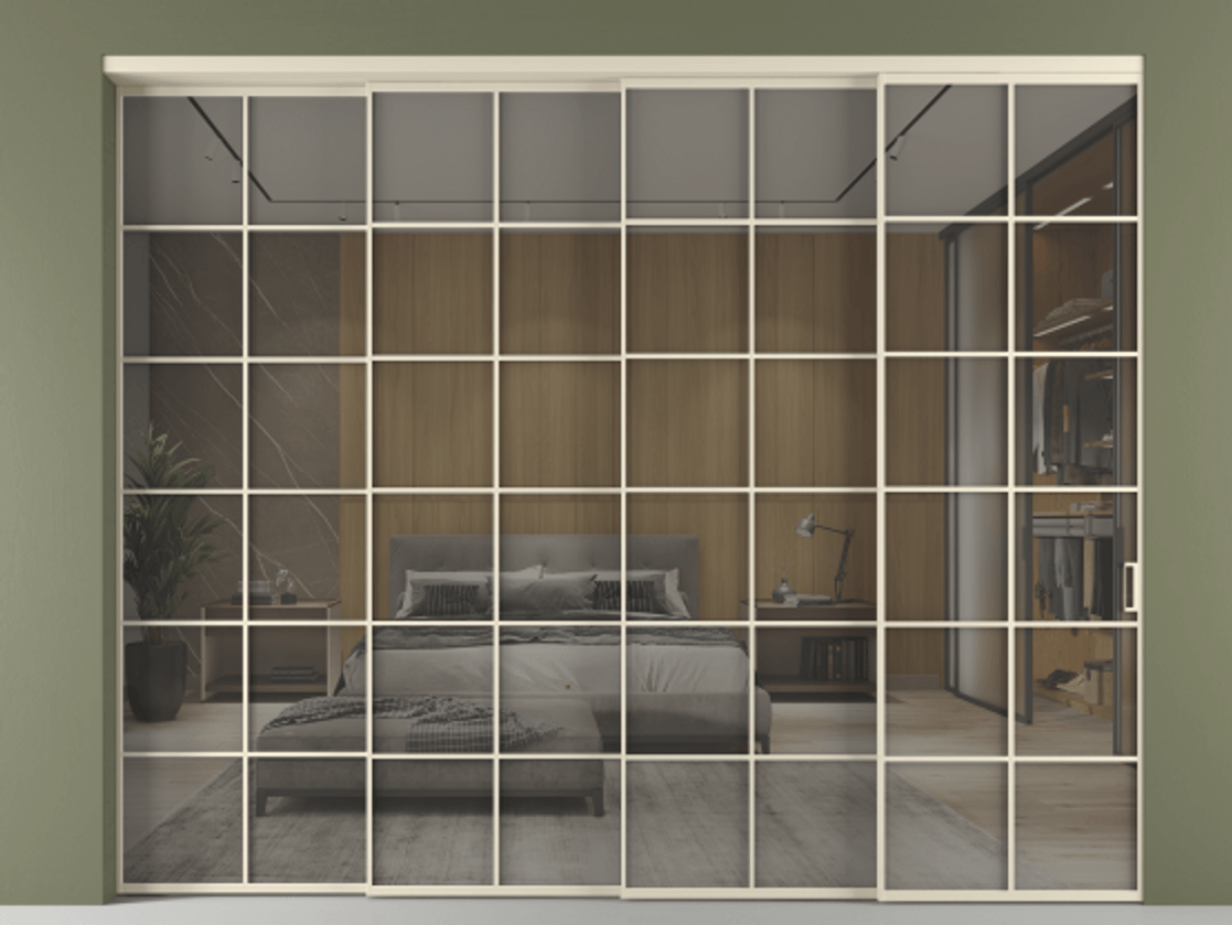 Перегородка Формато внутри проёма 4 створки с синхронным механизмом АЛПР 040.05 Алюминий бежево-серый Рефлективное серое стекло "Стопсол", калёное Цена 748790 сом | Volhovec