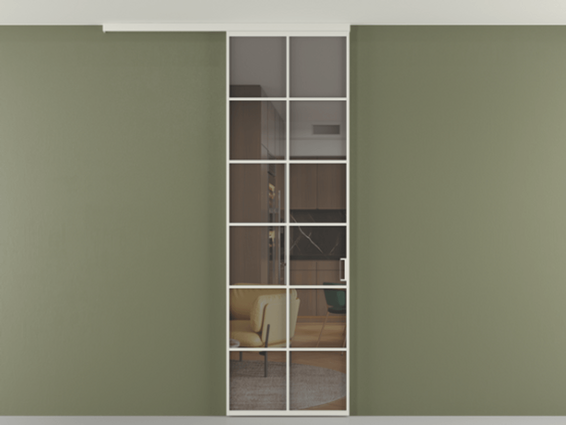 Перегородка Формато вдоль стены на потолок 1 створка АЛПР 040.05 Алюминий Белый Прозрачное серое стекло, триплекс Цена 144571 сом | Volhovec