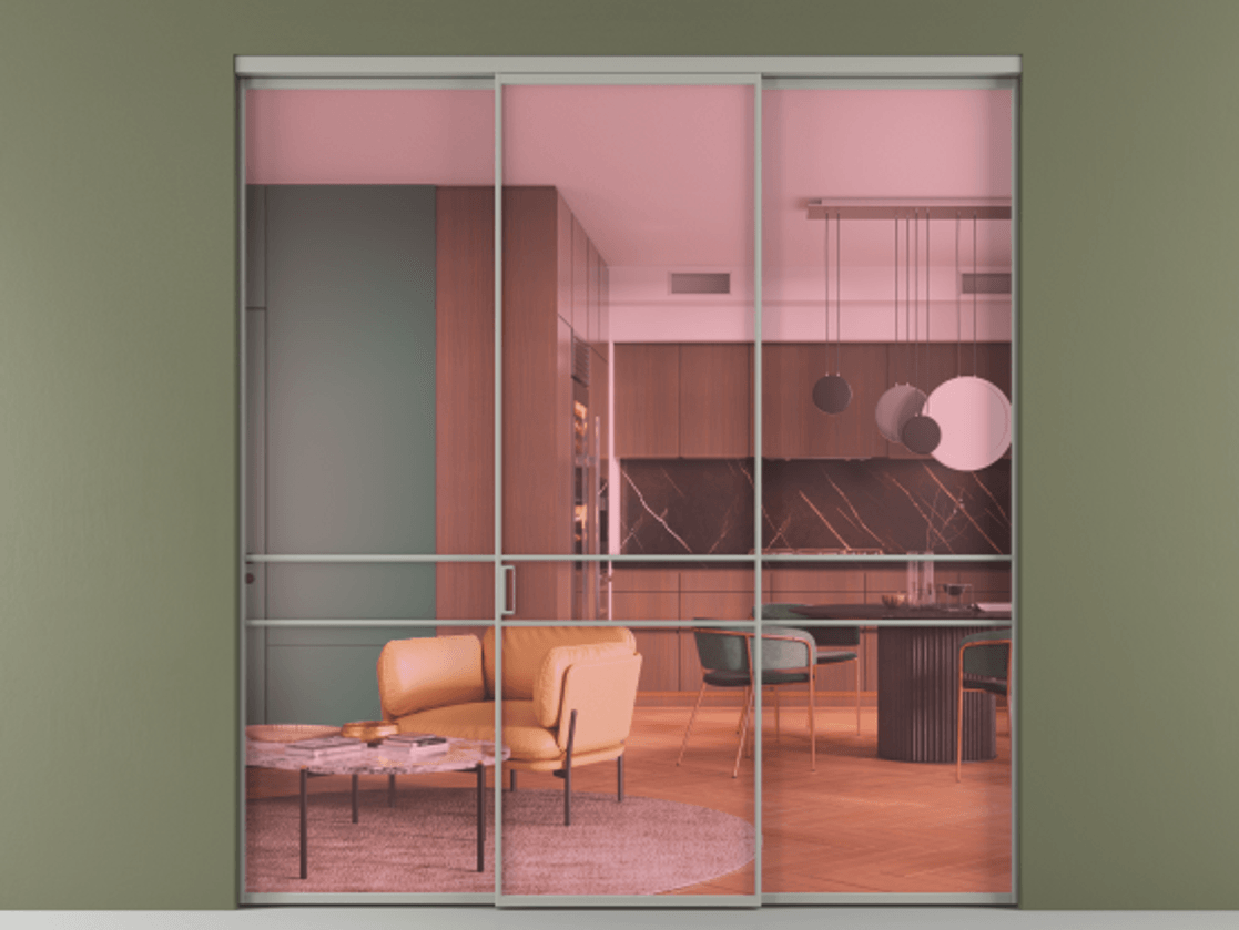 Перегородка Формато внутри проёма 3 створки АЛПР 040.02 Алюминий нейтральный серый Прозрачное розовое стекло, триплекс Цена 345470 сом | Volhovec