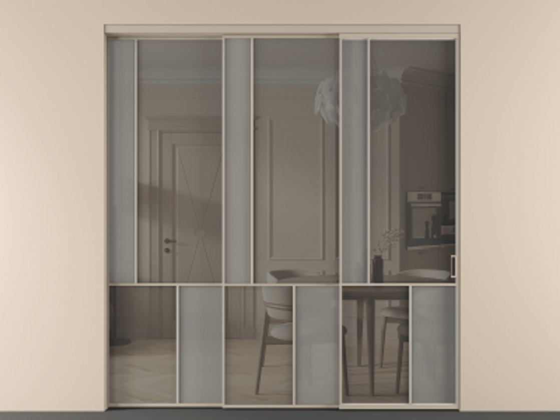 Перегородка Мозаик внутри проёма 3 створки с синхронным механизмом АЛПР 041.20  Алюминий бисквитный Сатинированное серое стекло, триплекс, 6 мм + Прозрачное серое стекло, триплекс Цена 636840 сом | Volhovec