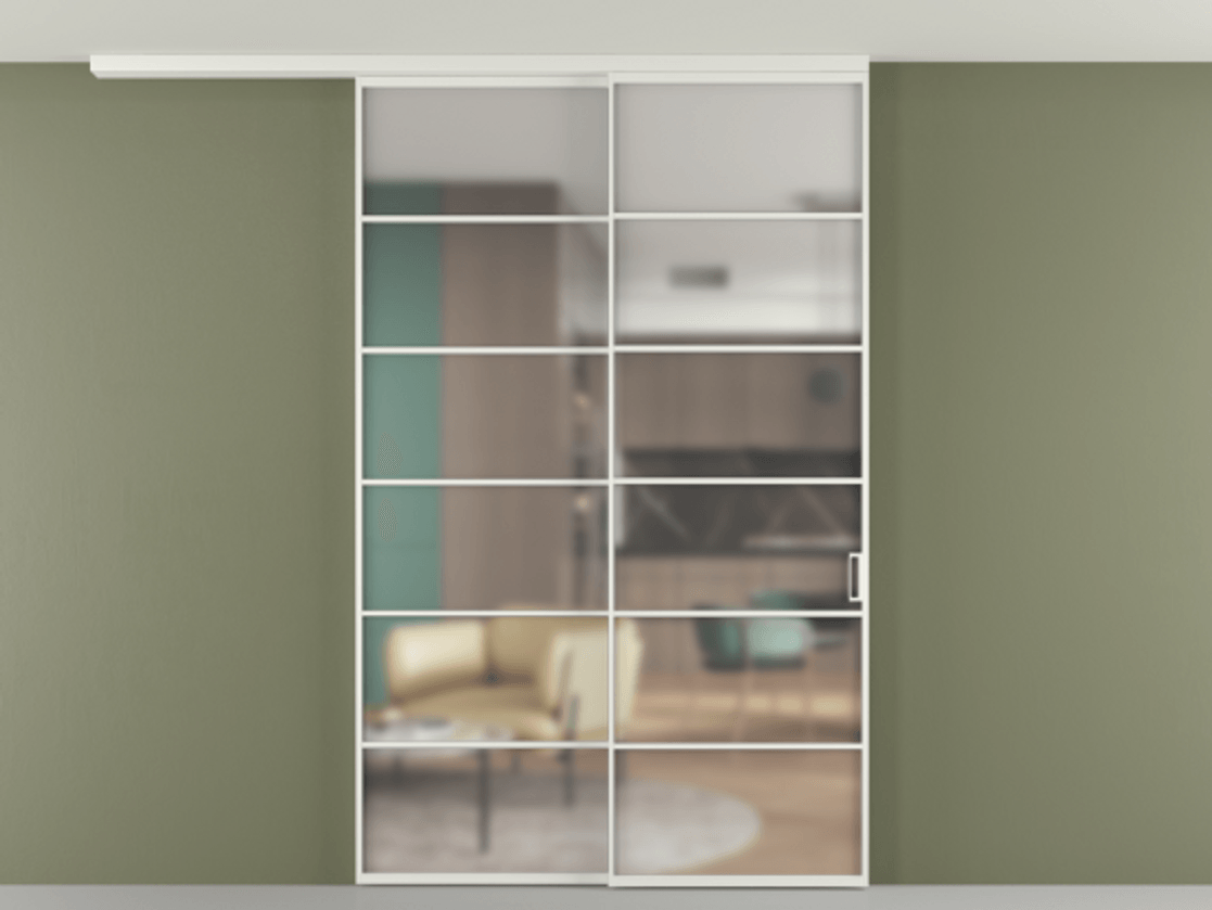 Перегородка Формато вдоль стены на потолок 2 створки с синхронным механизмом АЛПР 040.04 Алюминий светло-серый Сатинированное стекло "Мателюкс Кристал Вижн", калёное, матовое, каленое 6 мм Цена 501130 сом | Volhovec