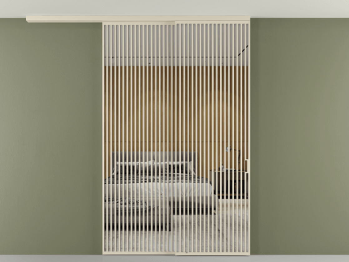 Перегородка Формато вдоль стены на потолок 2 створки с синхронным механизмом АЛПР 040.06 Алюминий бежево-серый Двустороннее зеркало, триплекс , триплекс 6 мм Цена 766760 сом | Volhovec